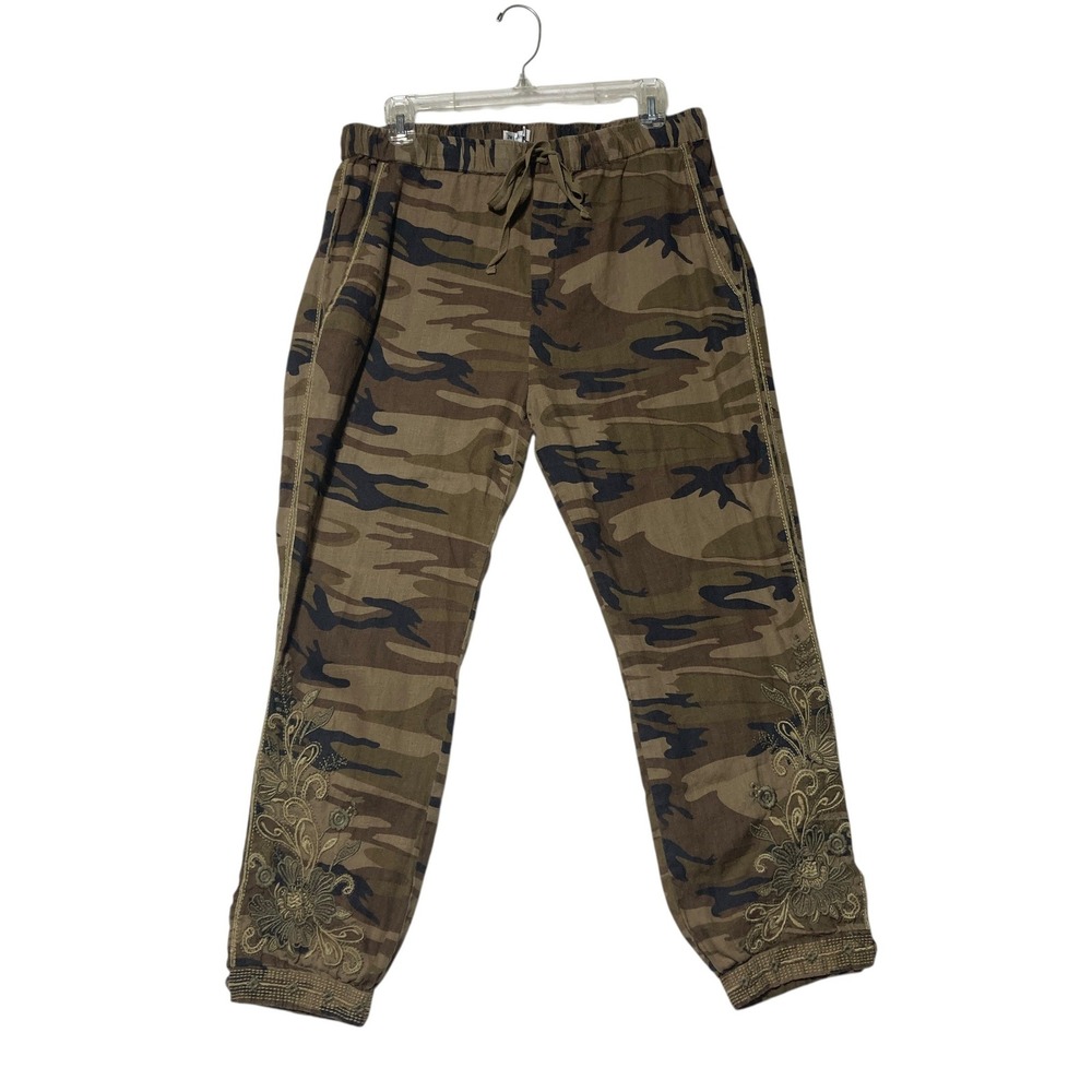 JW Los Angeles Johnny Was Camo Linen Embroidered Jogger Pants Womens M J64719-5